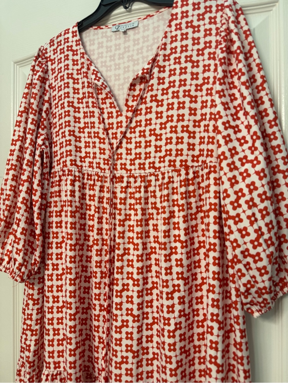 Cezele Boho Maxi Dress Medium Red White Geometric Print Tassel Tie Tiered - Picture 2 of 5